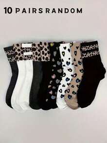 9 Pairs Women Leopard Print & Heart Pattern Mid-Calf Socks, Fashionable Minimalist Unique Retro Street Style Design, Suitable For Casual Outfits - Multicolor - View 39