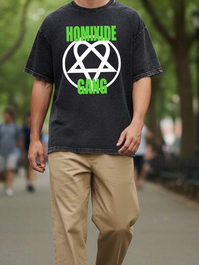 Camiseta lavada con logo de Homixide Gang para hombres y unisex - Camiseta casual de cuello redondo, decorada con el emblemático logo de la gang, lavable a máquina, adecuada para atuendos diarios y casuales de cosplay