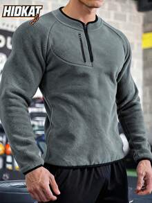 Hidkat Men's Solid Color Fleece Sweatshirt, Soft & Cozy, Round Neck Half-Zip, Suitable For Layering Or Outerwear, Essential For Autumn/Winter