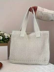 极简针织镂空编织手提包，大容量多功能单肩包，沙滩包 - 彩色 - 查看 10