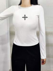 圆领长袖T恤，美式辣妹风格，新款春秋季花卉十字印花，女士短款修身上衣 - 白色 - 查看 2