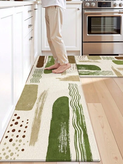 1pc Vintage Green Abstract Brushstroke Kitchen Runner Rug, Wavy Geometric Pattern Long Kitchen Mat Suitable For Bathroom, Kitchen, Outdoor, Indoor, Hallway, Bedroom, Living Room, Washable Kitchen Rug Accessory