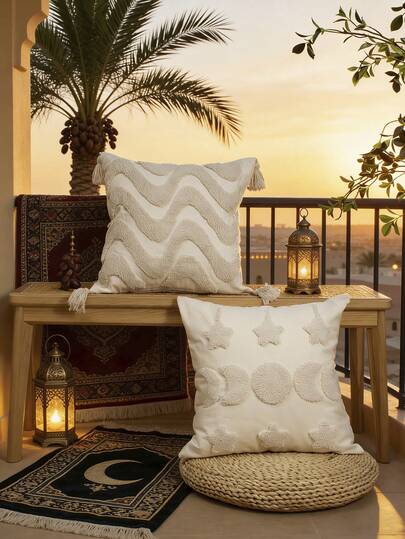 1pc White Lunar Eclipse Wave Line Pattern Throw Pillow Cover, Ramadan Festive Atmosphere, Boho Style Plush Embroidery Tassel Decor, Suitable For Living Room, Bedroom, Sofa, Daily Casual Scenes, All Seasons, 45*45cm (Inner Pad Not Included)