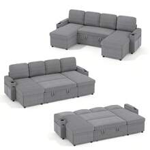 Corner Sofa Bed, U-Shaped Sleeper Sectional Couch Bed, 3-In-1 Corduroy Convertible Pull Out Sofa Bed With Adjustable Backrest, Storage And Cup Holder For Living Room, Dark Grey - 4-seater U-shaped Corduroy Dark Gray - View 10
