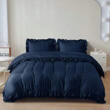 Stylish 3pcs Frilled Duvet Cover Set | 3pcss Ruffle Bedding Set With 2 Pillowcase Frills Duvet Cover With Button Closure Soft Microfiber Duvet Cover Set - Navy Blue - View 1