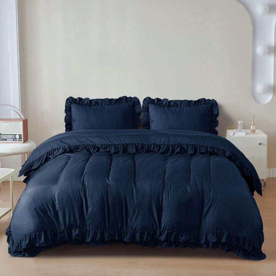Stylish 3pcs Frilled Duvet Cover Set | 3pcss Ruffle Bedding Set With 2 Pillowcase Frills Duvet Cover With Button Closure Soft Microfiber Duvet Cover Set - Navy Blue - View 1