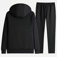 2pcs Men's Classic Sportswear Set: Fleece-Lined Hoodie And Joggers - Gym, Running & Casual Wear, Winter Outerwear Set With Plush Lining, Polyester Fabric, Stand Collar, Pockets, Regular Fit, Knit. Classic Men's 2pcs Athletic Set With Lining, Full-Zip - 黑色 - 查看 5