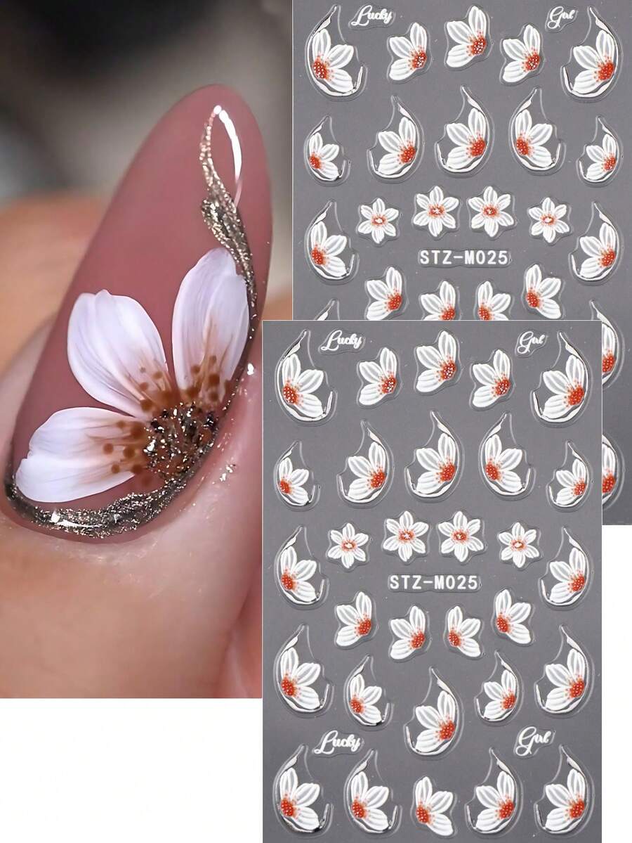 2pcs White Camellia Flowers Nail Art Stickers Elegant Orchid Silver Trim Petal Design Lily Floral IN Spring Summer Japanese Style Wedding Nail For Women And Girls To DIY Nail Supplies