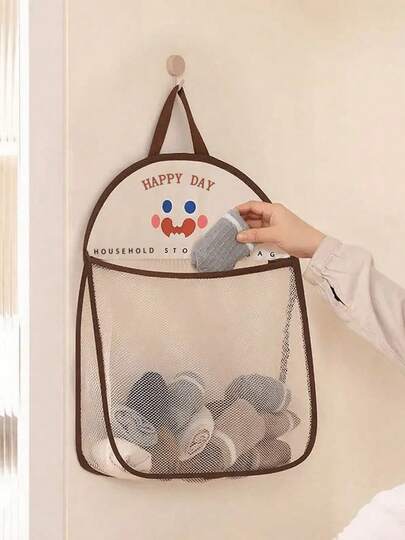 1 pieza Bolsa de malla colgante, Bolsa de almacenamiento colgante multifuncional de pared, Bolsa de almacenamiento colgante de malla con diseño de dibujos animados, organizador de lavandería transpirable y lavable de poliéster, bolsa de clasificación de ropa interior y calcetines montada en la pared, organizador de baño, dormitorio, hogar, cocina, organizador de armario, artículos esenciales para dormitorio universitario, organizador de ropa