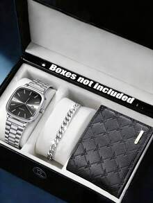 3-Piece Elegant Men's Silver Watch Set, Including 1 Square Black Dial Quartz Watch (Silver Metal Strap), 1 Silver Chain Bracelet, And 1 Black PU Leather Wallet. The Overall Style Is Steady And Graceful, Showcasing Fashionable Charm. - Silver - View 2
