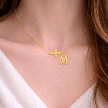 1pc Simple Initial Cross Pendant Golden Stainless Steel Chain Necklaces For Women - Yellow Gold - View 1