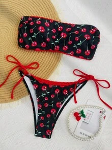 Bộ bikini nữ in hình quả anh đào, kiểu cổ yếm và quần bơi buộc dây bên hông, thích hợp cho kỳ nghỉ biển ngày Valentine, mùa xuân/hè. - Đỏ - Xem 4