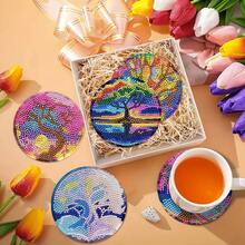 8件套钻石画杯垫带支架，DIY生命之树图案钻石画杯垫，适合成人和初学者的钻石画套装，钻石画工艺用品，精美礼品，送给朋友 - 彩色 - 查看 5