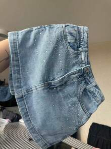 High-Waisted Denim Shorts, Women's Modal Skirt Shorts - 5601-Claro com brilho - 查看 7