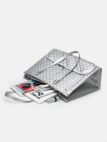 1个女士时尚大容量手提包，经典多色保温包，可装笔记本电脑，可作妈妈包、工作手提包、日常健身午餐包、野餐包、防水保温斜挎包，大号 - 銀色 - 查看 8