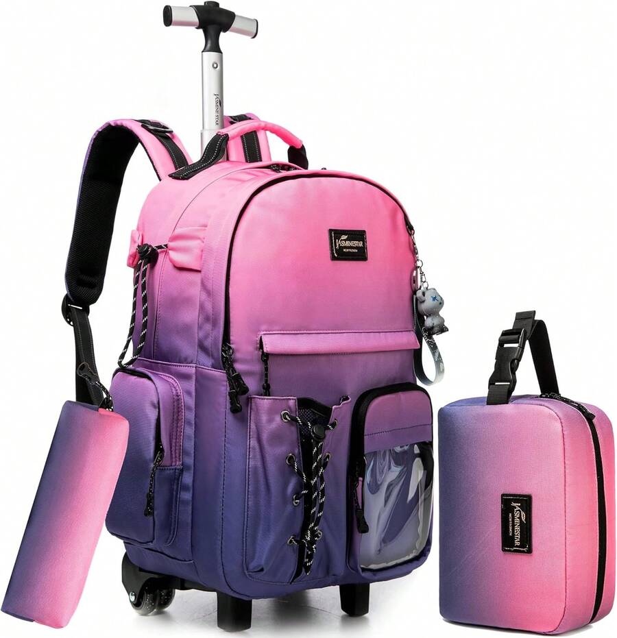 Kids Rolling Backpack With Wheels Unisex Suitcase Carry On Luggage For Elementary Middle High School Students - Gradient Pink Purple - 查看 1