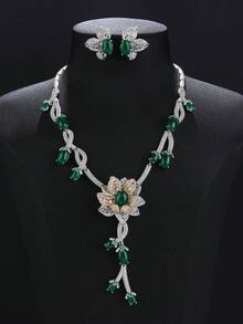 1 Set Of 3pcs Luxurious Jewelry Style Copper Zirconia Flower Necklace And Earrings Set, Matching Bridal Gown And Evening Dress Accessories - Jewelry Sets - View 6