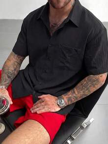 Men's Black Textured Short Sleeve Shirt, High-Quality Breathable Top, Fashionable Button-Down Casual Shirt, Suitable For Daily Casual Street Style - Black - View 3