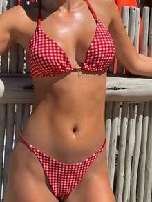 Women's Plaid/Dot Bikini Set Summer Fashionable Halter Neck Bra With Thong 2Pcs Bathing Suit - Red - View 1