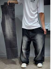 Dazzling Black Wide-Leg Balloon/Baggy Jeans - Sportlife Jeans - 黑與白 - 查看 3