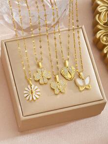 1pc Delicate Elegant Light Luxury Openable Flower/Four-Leaf Clover/Butterfly/Heart Pendant Necklace With Stainless Steel Chain As Daily Wear Jewelry Accessory Gift