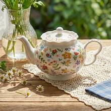 1个花卉图案茶壶，38盎司，白色壶身饰以粉色玫瑰和金色镶边，花卉陶瓷茶壶，1100毫升瓷质茶壶，适用于冲泡茶、咖啡、牛奶，适合办公室、家庭、男女使用，可作为礼物赠送，可用洗碗机清洗，优雅的春日花卉图案，适合日常使用，也是生日、新年、乔迁新居、情人节、母亲节和圣诞节的理想礼物。 - 彩色 - 查看 10