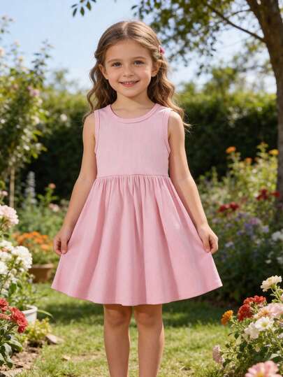 少女休闲时尚多巴胺风格可爱罗纹条纹圆领无袖连衣裙，适合户外活动、返校、通勤、社交聚会、春夏穿着。