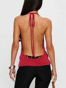 Womens Studded Halter Tank Tops Cowl Neck Draped Front Backless Slim Fit Vest Crop Tops Summer Sleeveless Open Back Camisole Shirts Party Club Going Out Tops - 紅色 - 查看 2