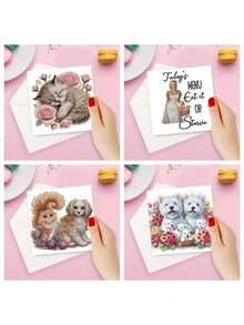 6pcs DIY Diamond Painting Kits, Cat, Dog, Cartoon Character Patterns On Paper Material Greeting Cards, Blessings And Wishes, Unique Design, Asymmetrical Shape Diamonds, Suitable For Thanksgiving Gifts - Multicolor - View 4