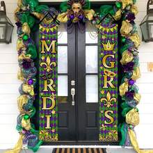1Pair Gras Porch Banner Sign Purple Golden Carnival Front Door Decorative Hanging Welcome Banner Flag Masquerade Party Seasonal Decoration Home Outdoor Indoor Decor - Multicolor - View 3