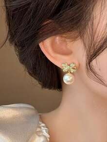 1对优雅仿珍珠耳环，女士款，镶钻蝴蝶结耳钉，派对及礼品 - 金黃色 - 查看 3