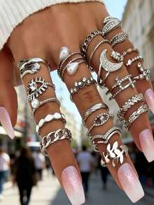 23pcs Adjustable Women Rings Set - Stackable Gold Rhinestone Devil Eye/Pearl/Moon/Cross Variety Fashion Finger Rings, Suitable For Daily And Party Outfits - 23 Pearl Eyepieces - View 2