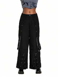 Jeans cargo de mujer, pantalones casuales sueltos con cierre de botón y cremallera a rayas, con bolsillos, estilo urbano - negro puro - Ver 2