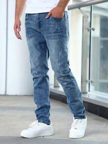 Men's Classic Medium Thick Denim Blue Stretch Jeans - Medium Wash - View 3