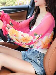 1pc Women's Chiffon Shawl With Sleeves, Casual Lightweight Poncho - Gentle Rose Red - View 5