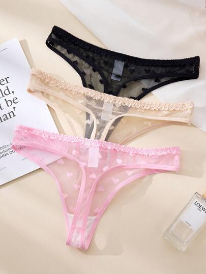 3pcs Women's Heart Mesh Comfortable Thong Lingerie, Sexy Low Waist Underwear For Women, Suitable For Valentine's Day