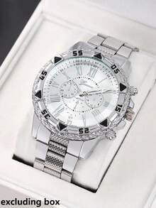 1pc Classic Large Dial Business Fashion Alloy Steel Band Wrist Watch For Men - Silver - View 1