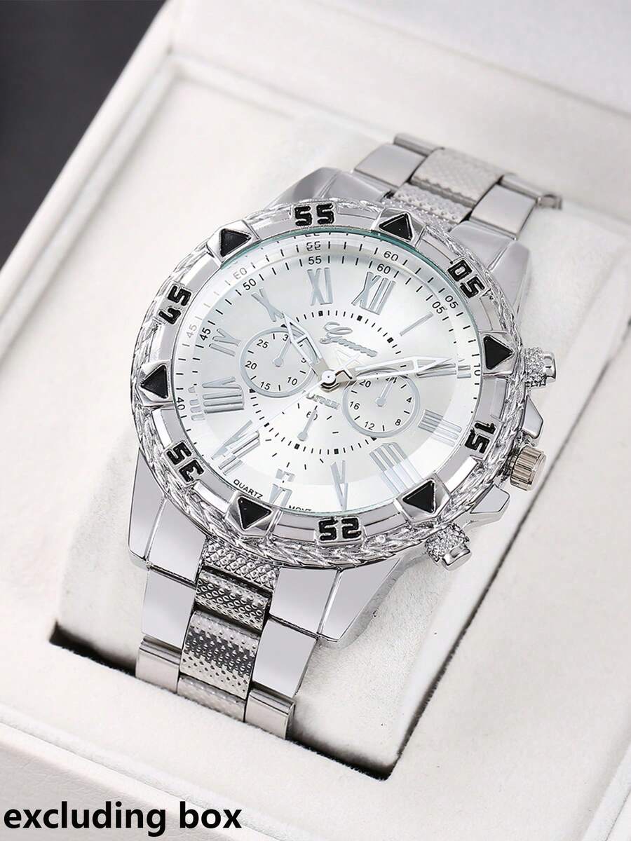 1pc Classic Large Dial Business Fashion Alloy Steel Band Wrist Watch For Men - Silver - View 1