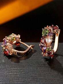 1pair Gorgeous Monalisa Colorful Cubic Zirconia Paved Elegant Round Decor Earrings Luxury Party Jewelry For Women - 玫瑰金色 - 查看 3