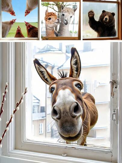 BRUP 1张趣味驴子窥视窗贴，异想天开的田园风静电贴纸，适用于儿童卧室游戏室窗户装饰，可移除农场动物主题艺术贴纸