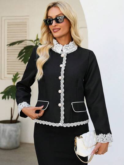 Women's Elegant Black Contrast Color Jacket, Decorated With Contrast Lace Trim, Pearl Button Front And Stand-Up Collar, With Pockets, Long-Sleeved Short Coat Spring