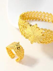 2件套复古优雅几何麦叶图案手链戒指套装，适合日常、派对和正式场合佩戴。 - 金黃色 - 查看 3