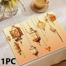 1/4/6 Pcs Set, Ramadan Placemats, Linen Dining Table Mats With Traditional Lantern Pattern, Washable Printed Tablecloths, Surface Protective Pads, Ideal Decor For Holiday Kitchen And Family Gatherings - Multicolor - View 6