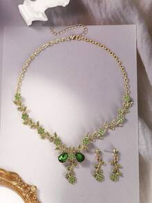 Fairy Core Green Gemstone Jewelry Set, Vintage Gold Floral Y-Necklace & Dangle Earrings, Elven Forest Wedding Prom Set,Classy,Festival - Multicolor - View 8