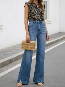 Damen Mode luftige Highwaist Stretch Schlaghose in Blau - Blau - Übersicht 1