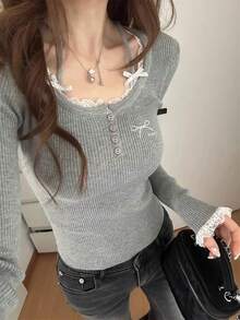 女士蕾丝拼接蝴蝶结高领长袖修身针织衫，秋冬款 - 灰色 - 查看 4