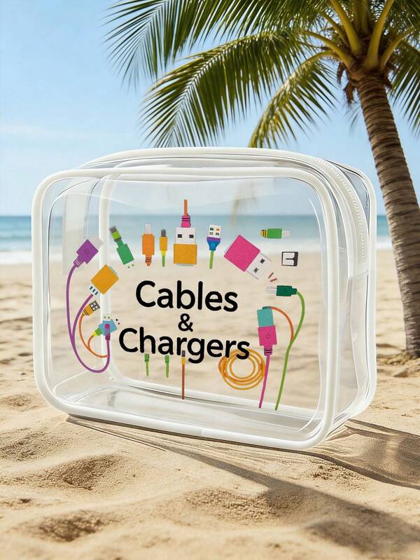 New Transparent Charging Organizer Bag - Clear Makeup Bag, Travel Essential, Portable Transparent PVC Makeup Bag With Zipper, Beach Transparent PVC Makeup Bag, Waterproof Storage Pouch, Transparent Storage Bag, Cable And USB Storage Bag, Airport Aviation Standard PVC Makeup Bag Suitable For Chargers, Cables And Power Banks