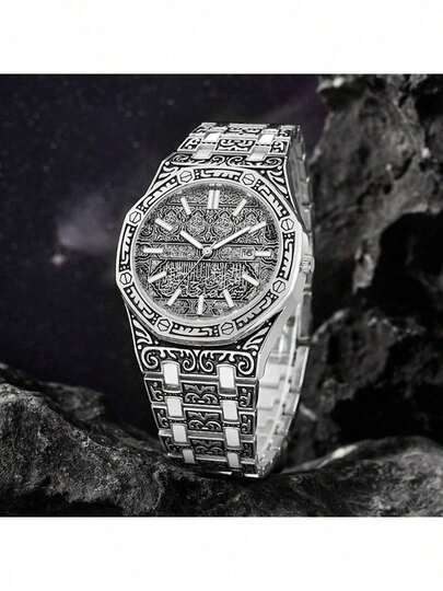 1 ชิ้น นาฬิกาข้อมือควอตซ์สายสแตนเลส หน้าปัดหยดน้ำมันวินเทจ มีปฏิทิน เหมาะสำหรับเป็นของขวัญวันเกิด, วันครบรอบ, ฮาโลวีน, โปรโมชั่นสิ้นปี, วันคนโสด, โปรโมชั่นฮาโลวีน