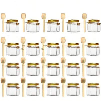20pcs 1.5oz Mini Clear Honey Jars With Wooden Honey Dipper, Jute Rope, Metal Bee Charm. Suitable For Wedding Favors, Baby Shower, 45ml Small Glass Gift Jars With Airtight Lids, Gift Containers For Body Butter, Jam, Spices, Herbs, Candies, Candles (Gold Cap)