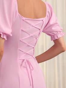 Elegant Long Dress For Women, Square Neckline, Lantern Short Sleeves, Pleats, Back Tie, Solid Color, Suitable For Autumn Wear.Summer Dress Elegant Dresses For Party - Pink - View 4